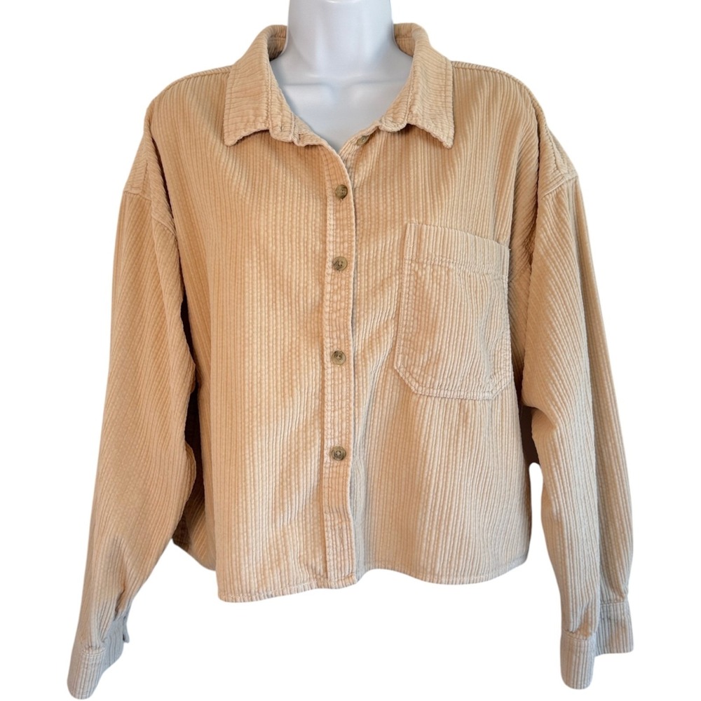 American Eagle Womens Corduroy Shirt Sz L Shacket Clean Girl Neutral Soft Girl